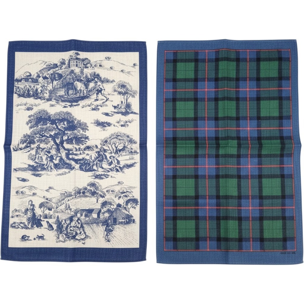 Ulster Weavers Tea Towels Set 2 Blue Green Toile Tartan Linen Kitchen